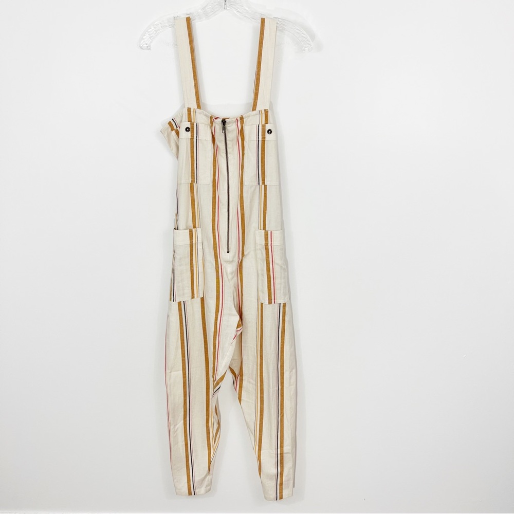 Billabong Striped Linen Jumpsuit in White and Tan - Picture 4 of 11